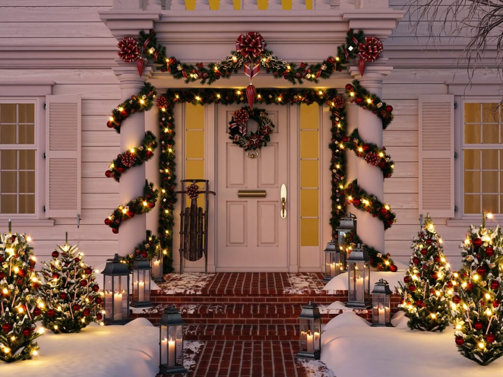  Feng Shui Christmas decorated porch with little trees and lantern